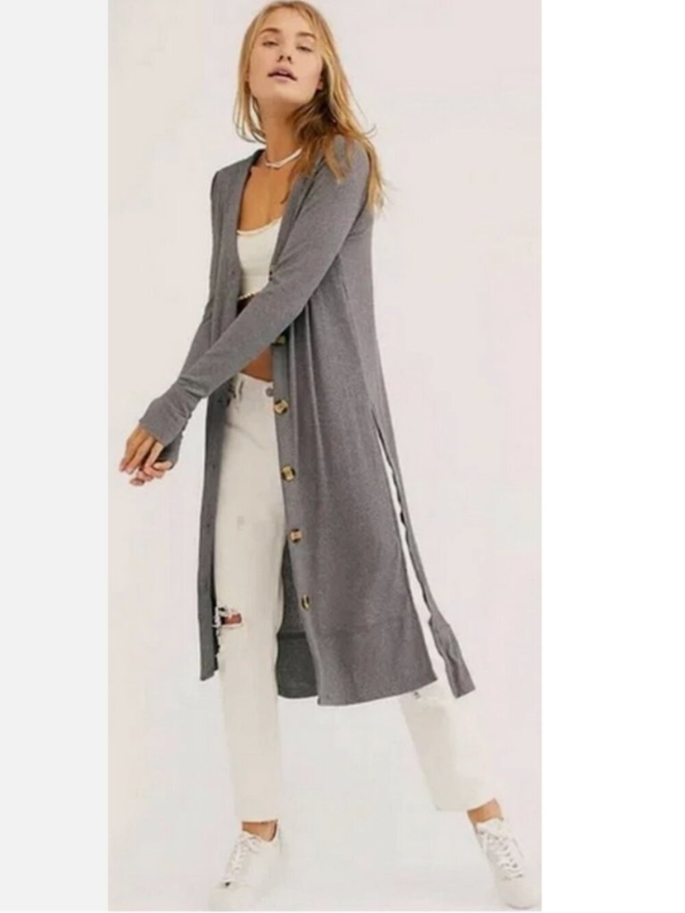 Free People Perfect Match Longline Cardigan Slits Thumbholes in Grey